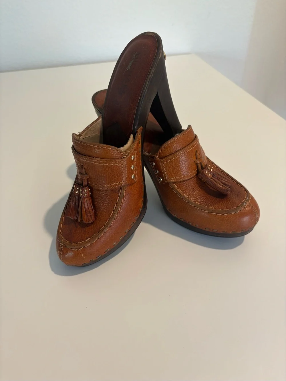 Michael Kors Brown Leather Tassel Mule Clogs Wooden Heel Size 7M